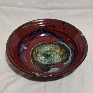 Geode Crackle Infused Glass Glazed Pottery 3 Foot Bowl 11 1/4" x 3 1/4"